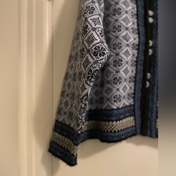 Skjaeveland Norwegian 100% Wool Navy Light Blue Fair Isle Cardigan Size Large - Picture 5 of 13